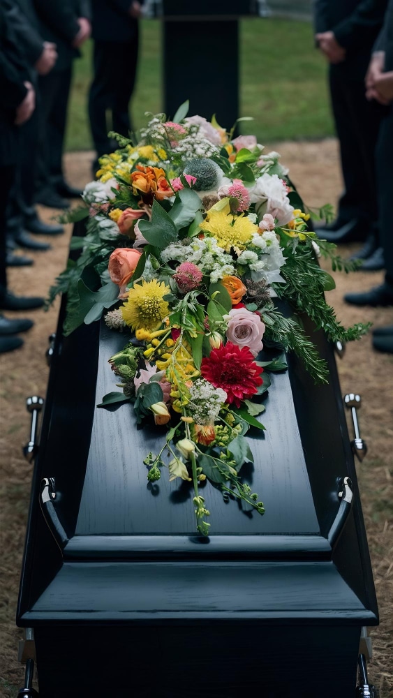 Sarg mit buntem Blumenschmuck bei einer individuellen Trauerfeier